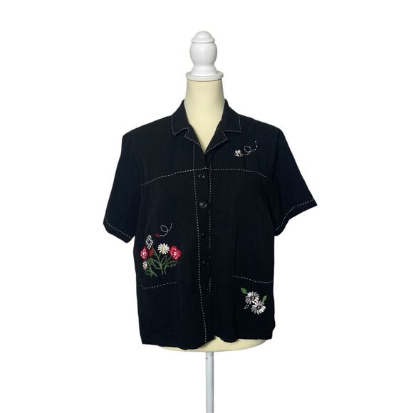 Alfred Dunner Black Linen Blend Button Front Floral Embroidered Top Size 12 - Picture 1 of 16